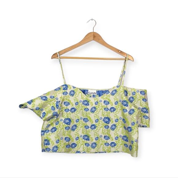 NWOT GANNI Blue Floral Jacquard Off-Shoulder Blouse Size L - Picture 1 of 9